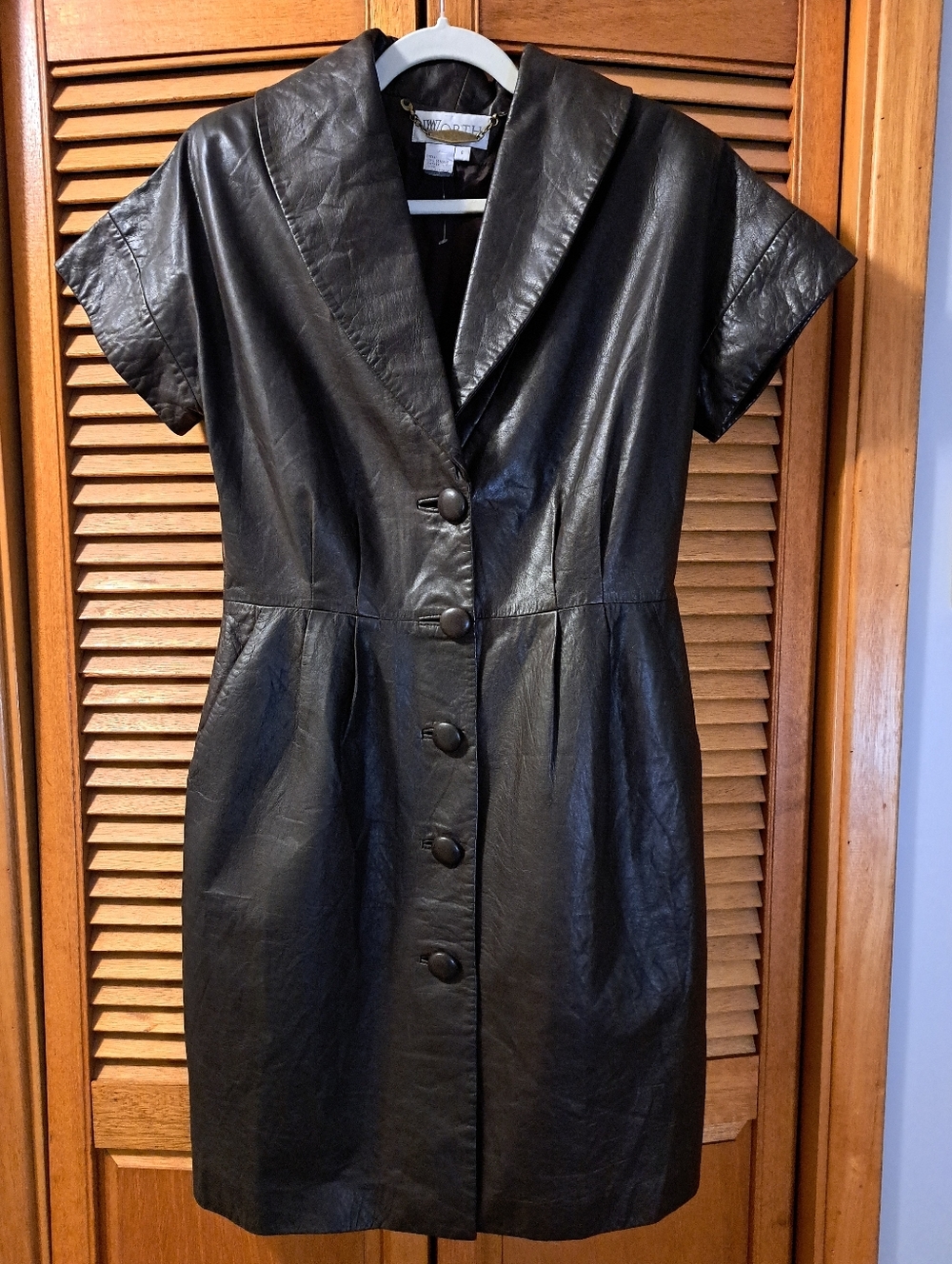 WORTH Brown Leather Short-Sleeve Button-Front Coat Dress Size 8
